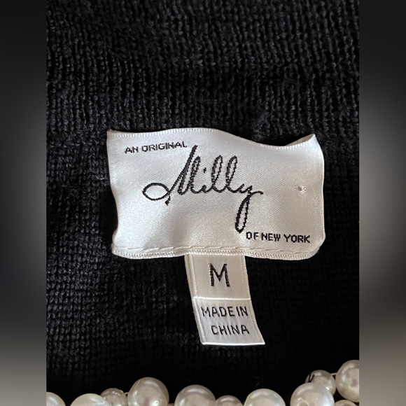 MILLY Women's Black Knit Pearl Trim Dress sz M - Picture 4 of 12